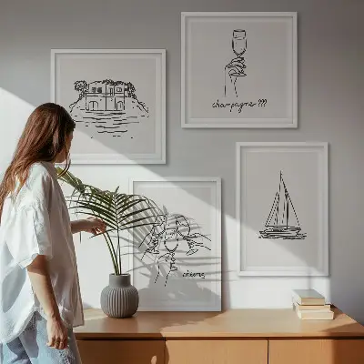 Tavelset med motiv av hus vid vattnet och segelbåt set om 4 tavlor