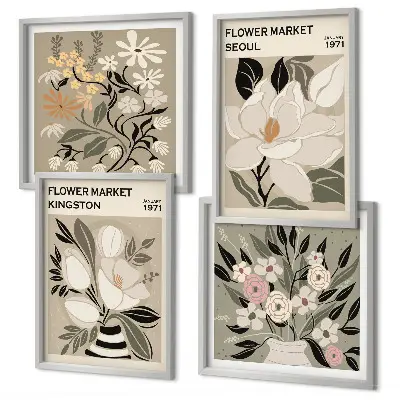 Retroblommor från städer runt om i världen set om 4 tavlor