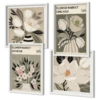 Tavelvägg med 4 tavlor med motiv av retroblommor från olika städer