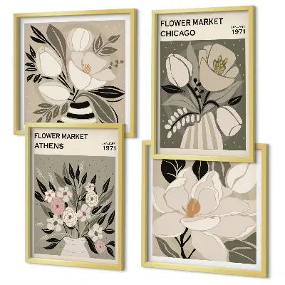 Tavelvägg med 4 tavlor med motiv av retroblommor från olika städer