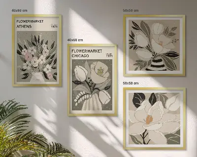 Tavelvägg med 4 tavlor med motiv av retroblommor från olika städer