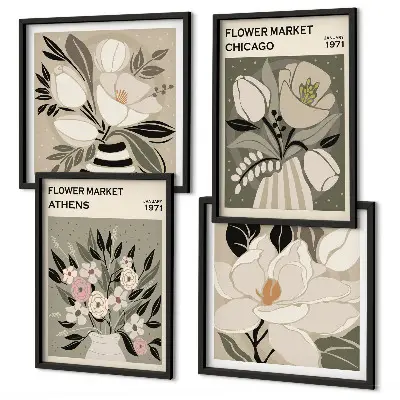 Tavelvägg med 4 tavlor med motiv av retroblommor från olika städer