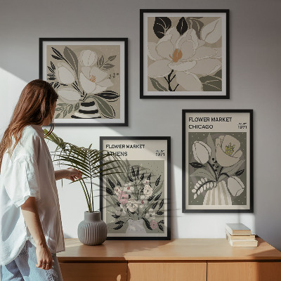 Tavelvägg med 4 tavlor Retroblommor från olika städer