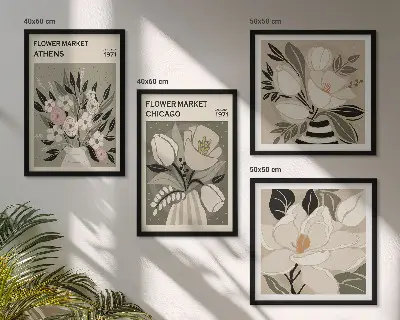 Tavelvägg med 4 tavlor med motiv av retroblommor från olika städer