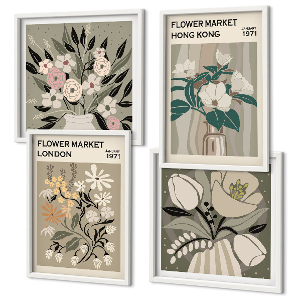 Tavelvägg ovanför soffa Blommiga illustrationer London Hongkong