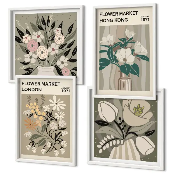 Tavelvägg med blommiga illustrationer motiv från London och Hongkong