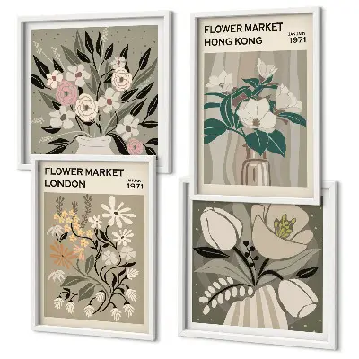 Tavelvägg med blommiga illustrationer motiv från London och Hongkong