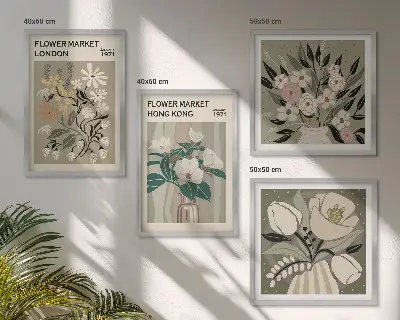 Tavelvägg med blommiga illustrationer motiv från London och Hongkong
