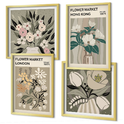 Tavelvägg ovanför soffa Blommiga illustrationer London Hongkong