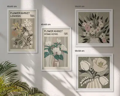 Tavelvägg med blommiga illustrationer motiv från London och Hongkong