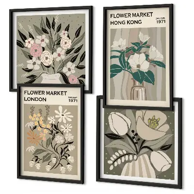 Tavelvägg med blommiga illustrationer motiv från London och Hongkong