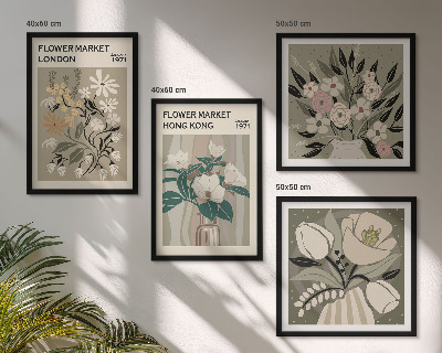 Tavelvägg ovanför soffa Blommiga illustrationer London Hongkong