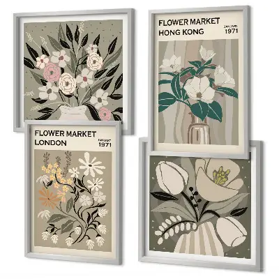 Tavelvägg med blommiga illustrationer motiv från London och Hongkong