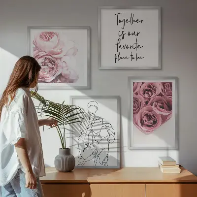 Tavelvägg med 4 tavlor familjens linjekonst med rosbuketter