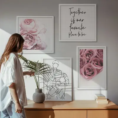 Tavelvägg med 4 tavlor familjens linjekonst med rosbuketter