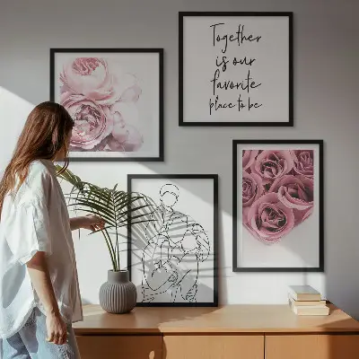 Tavelvägg med 4 tavlor familjens linjekonst med rosbuketter