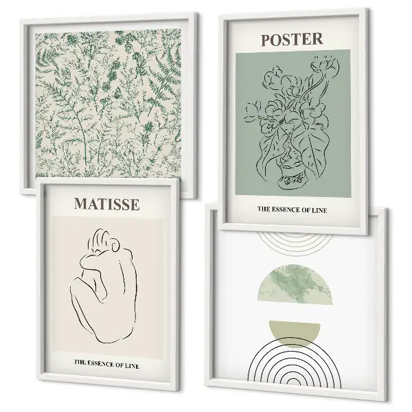 Tavelvägg med 4 tavlor med motiv av linjer och växtmönster i minimalistisk stil
