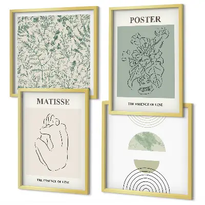 Tavelvägg med 4 tavlor med motiv av linjer och växtmönster i minimalistisk stil