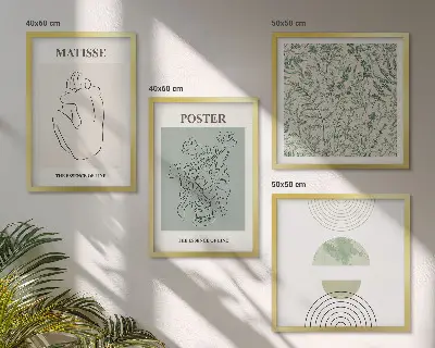 Tavelvägg med 4 tavlor med motiv av linjer och växtmönster i minimalistisk stil