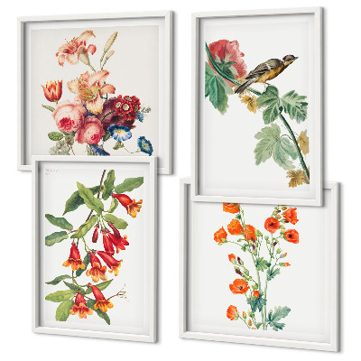 Tavelvägg med 4 tavlor Målade blommor retro fågel