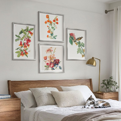 Tavelvägg med 4 tavlor Målade blommor retro fågel