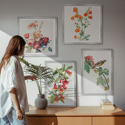 Tavelvägg med 4 tavlor Målade blommor retro fågel
