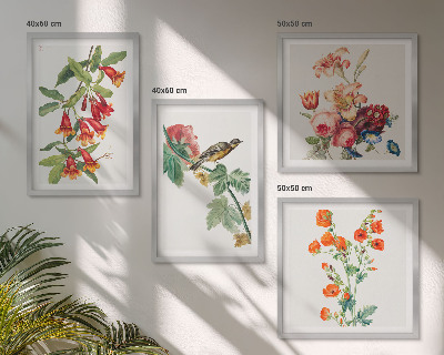 Tavelvägg med 4 tavlor Målade blommor retro fågel