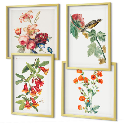 Tavelvägg med 4 tavlor Målade blommor retro fågel