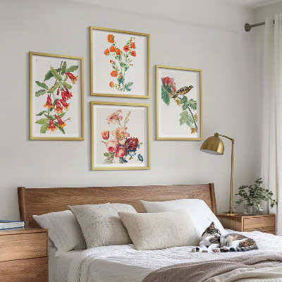 Tavelvägg med 4 tavlor Målade blommor retro fågel