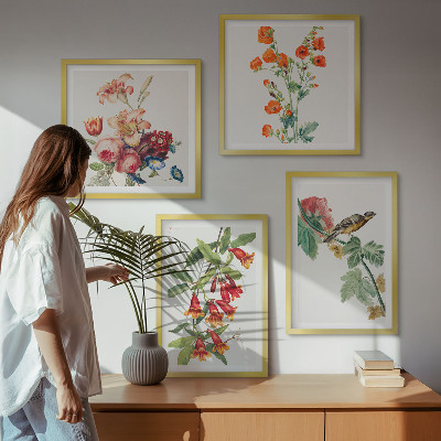 Tavelvägg med 4 tavlor Målade blommor retro fågel