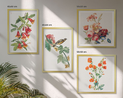 Tavelvägg med 4 tavlor Målade blommor retro fågel