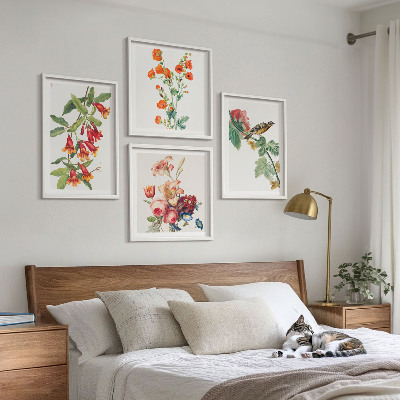 Tavelvägg med 4 tavlor Målade blommor retro fågel