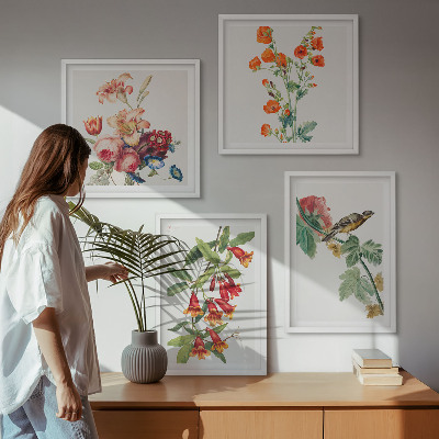 Tavelvägg med 4 tavlor Målade blommor retro fågel
