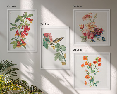 Tavelvägg med 4 tavlor Målade blommor retro fågel