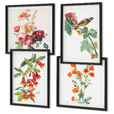 Tavelvägg med 4 tavlor Målade blommor retro fågel