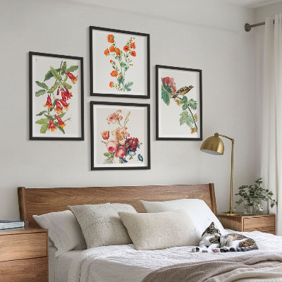 Tavelvägg med 4 tavlor Målade blommor retro fågel