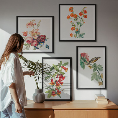 Tavelvägg med 4 tavlor Målade blommor retro fågel