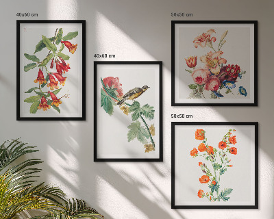 Tavelvägg med 4 tavlor Målade blommor retro fågel