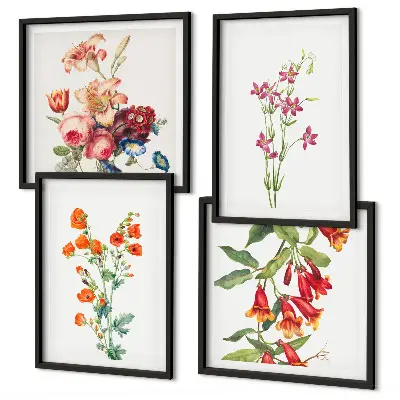 Tavelvägg med blommotiv målade i retrostil ovanför soffa