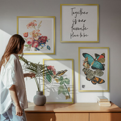 Tavelvägg med 4 tavlor Blommor fjärilar fågel pastell