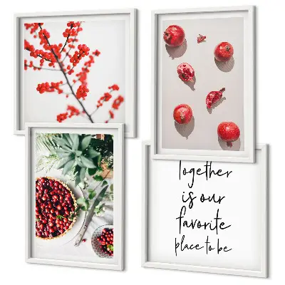 Tavelvägg med 4 tavlor med motiv av röda frukter i minimalistisk stil