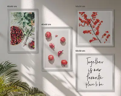 Tavelvägg med 4 tavlor med motiv av röda frukter i minimalistisk stil