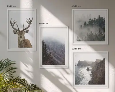 Tavelvägg ovanför soffan med motiv av bergslandskap med dimma och rådjur