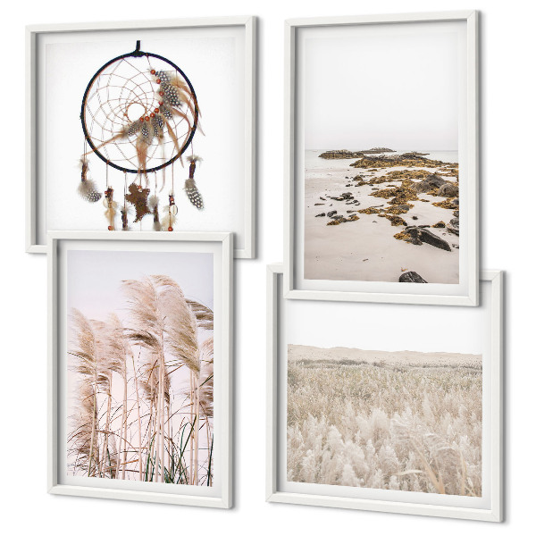 Set om 4 tavlor Gräsfält i boho-stil på stranden