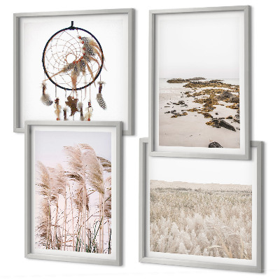 Set om 4 tavlor Gräsfält i boho-stil på stranden