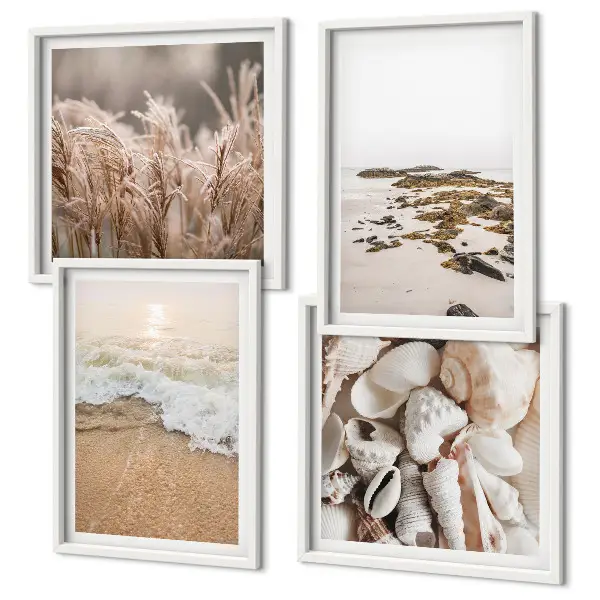 Tavelvägg med 4 tavlor strandgräs, vågor och stenar i boho-stil