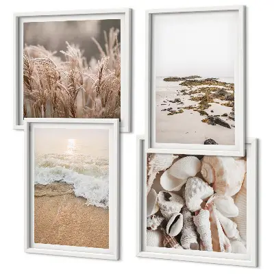 Tavelvägg med 4 tavlor strandgräs, vågor och stenar i boho-stil
