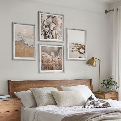 Tavelvägg med 4 tavlor Strandgräs vågor stenar boho