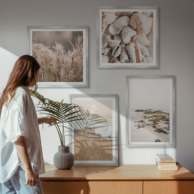 Tavelvägg med 4 tavlor Strandgräs vågor stenar boho