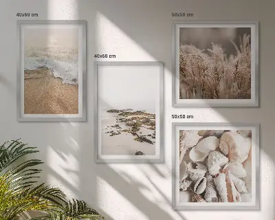 Tavelvägg med 4 tavlor strandgräs, vågor och stenar i boho-stil